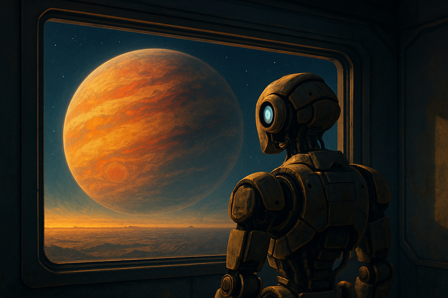 Blick aus einem Fenster auf einen Planeten